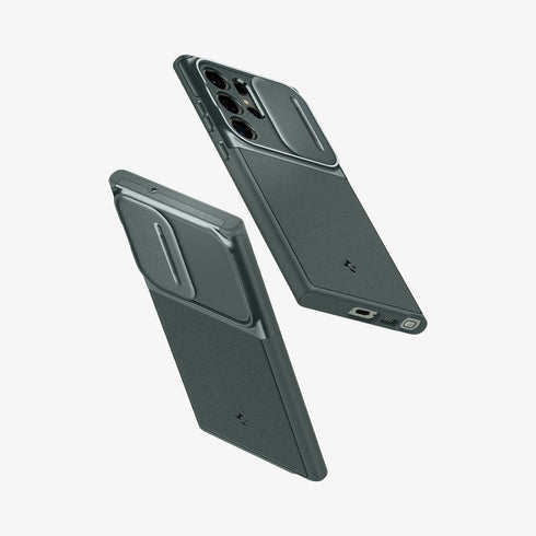 ACS05639 - Galaxy S23 Ultra Case Optik Armor in black showing the back with lens protector slot open
